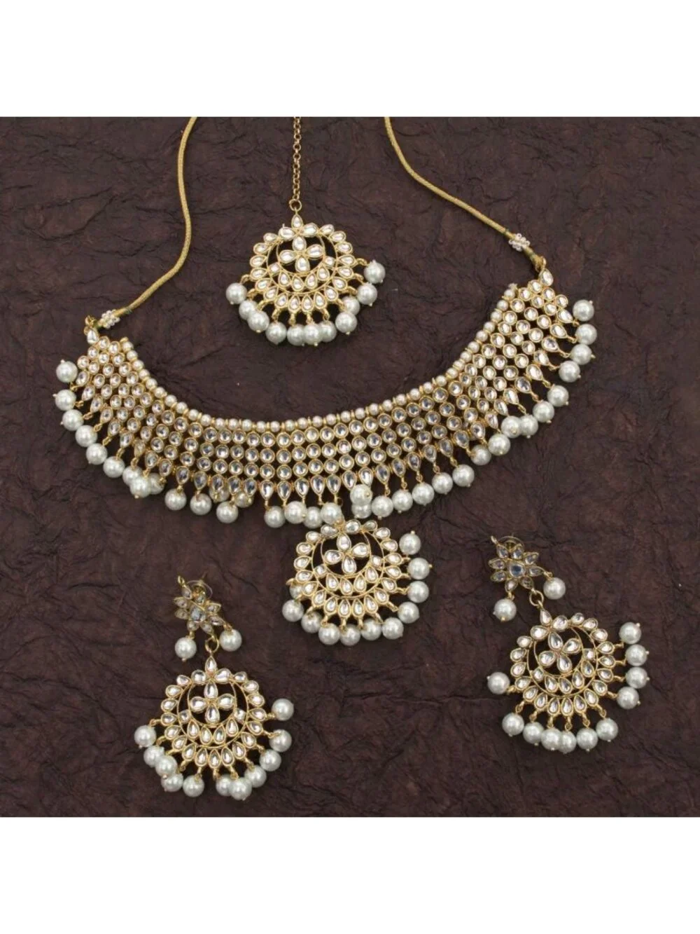 Stunning Indian Maang Tikka & Kundan Necklace Earrings Set - Ethnic Wedding